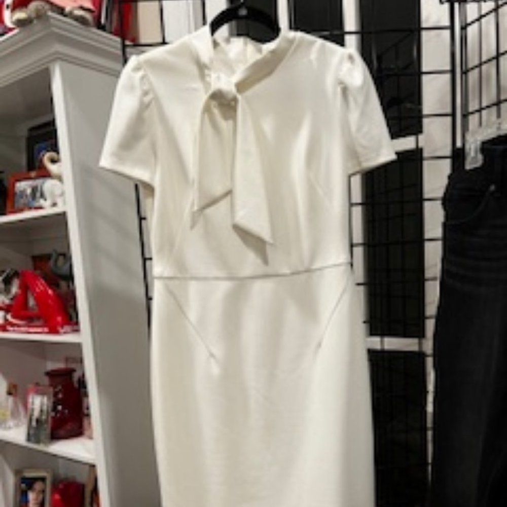 Maggy London White Tie-Neck Midi Dress